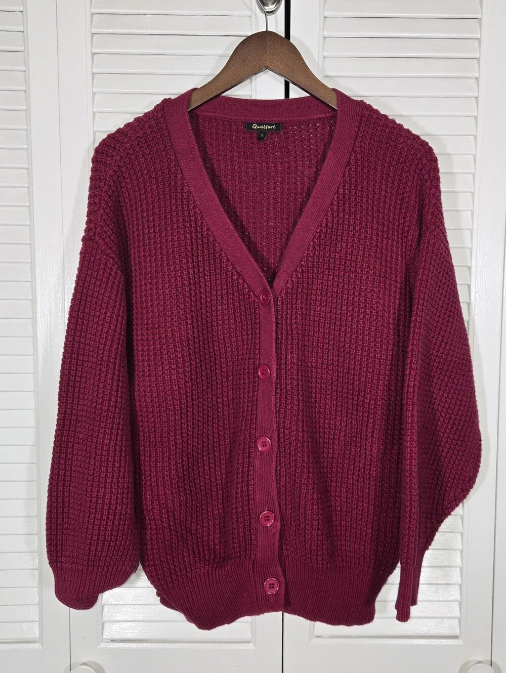 Qualfort Button Down Oversized Waffle Knit Magenta Cardigan Sz L